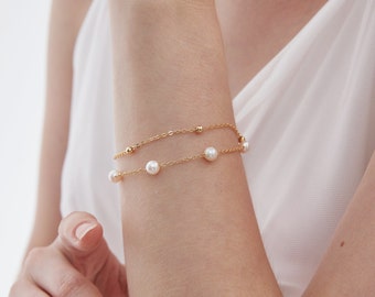 Natural Freshwater Pearl Duo-chain Sterling Silver Bracelet, Gold Plated Pearl Bead Bracelet, Wedding Bride Bridesmaid Bracelet,Gift for Her