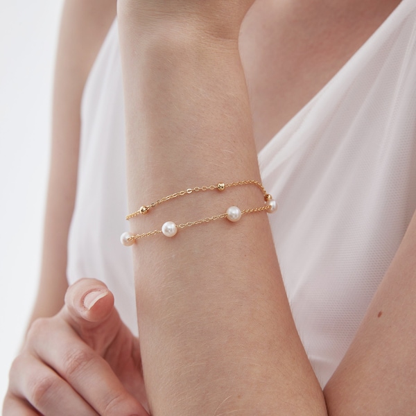Natural Freshwater Pearl Duo-chain Sterling Silver Bracelet, Gold Plated Pearl Bead Bracelet, Wedding Bride Bridesmaid Bracelet,Gift for Her
