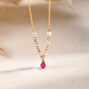 Minimalist Ruby with Freshwater Pearl Necklace, Gold Vermeil Sterling Silver Necklace, Upcycled Red Gemstone Lucky Necklace, Gift For Her