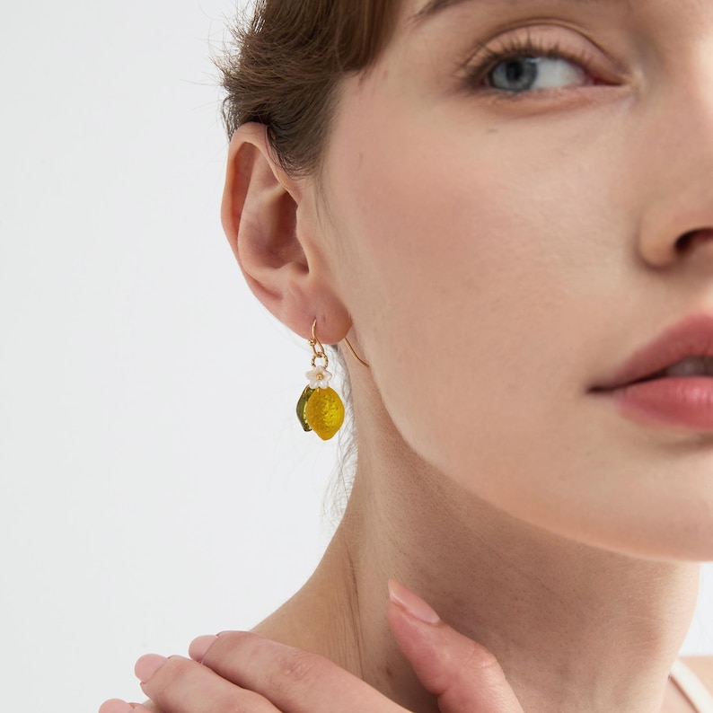 Delicate Lemon with Leaf Dangle Drop Earrings, Gold Vermeil Sterling Silver Orange Fruit Earring, Summer Vacation Anniversary Gift for Her image 13