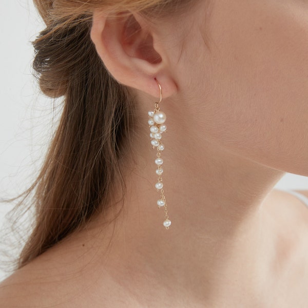 Natural Pearl Flower Sterling Silver Dangle Earrings, Gold Plated Genuine Pearl Grape Hook Earring, Wedding Bride Drop Earring, Gift for Her