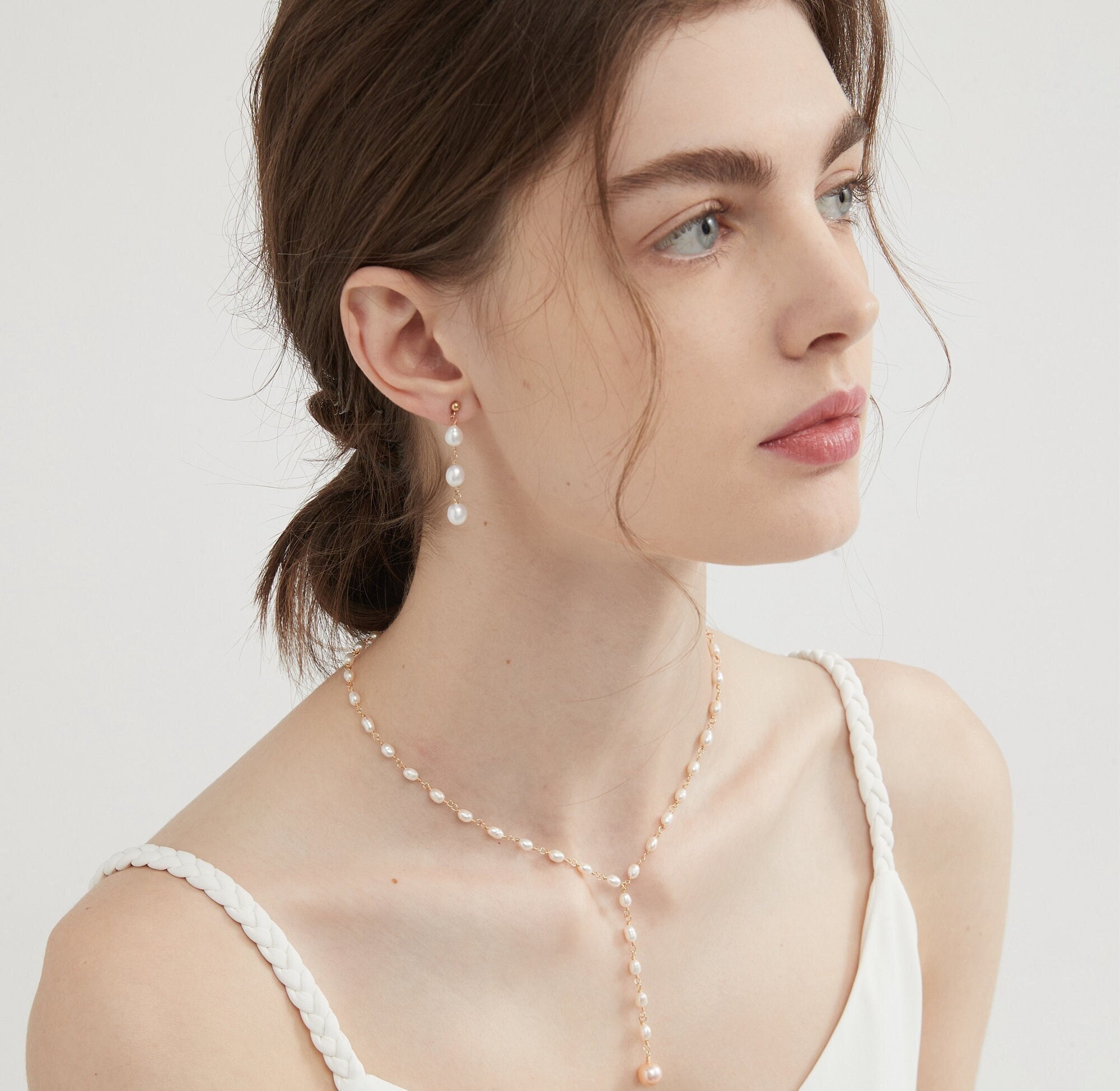 Orecchini Pendenti In Argento 925 Con Perle D'acqua Dolce 7 Mm - Gancio A Catena Lunga - Gioiello Ipoallergenico Per Donna