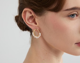 Natural Bead Pearl on Olive Leaf Vine Dangle Earrings, Bride Wreath Hook Drop Earrings, Wedding Bridesmaid Jewellery, Gift for Her