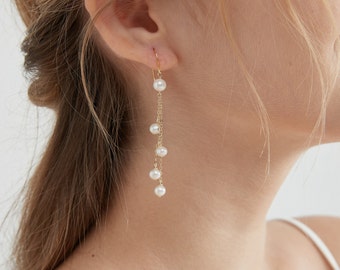 Natural Pearl Sterling Silver Dangle Earrings, Gold Plated S925 Hook Drop Earrings, Freshwater Pearl Wedding Bridal Earrings, Gift for Her