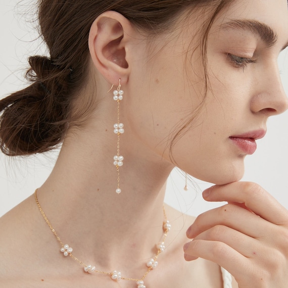 Boucles D'oreilles Pendantes Argent Sterling Plaqué Or - Perle Et CZ - Marque Jewellerybox