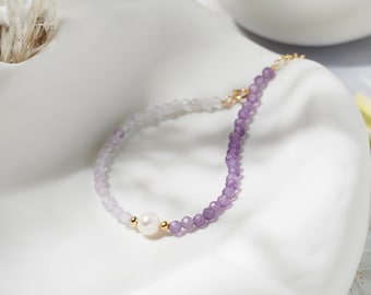 Natural Amethyst with Pearl Sterling Sliver Bracelet, Gold Plated Dainty Purple Crystal Bracelet, Birthday Gift, Mother's Gift, Gift for Her