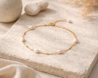 Delicato bracciale in argento sterling con perle d'acqua dolce, delicato bracciale in vera perla S925 placcato oro, bracciale da sposa, regalo per lei
