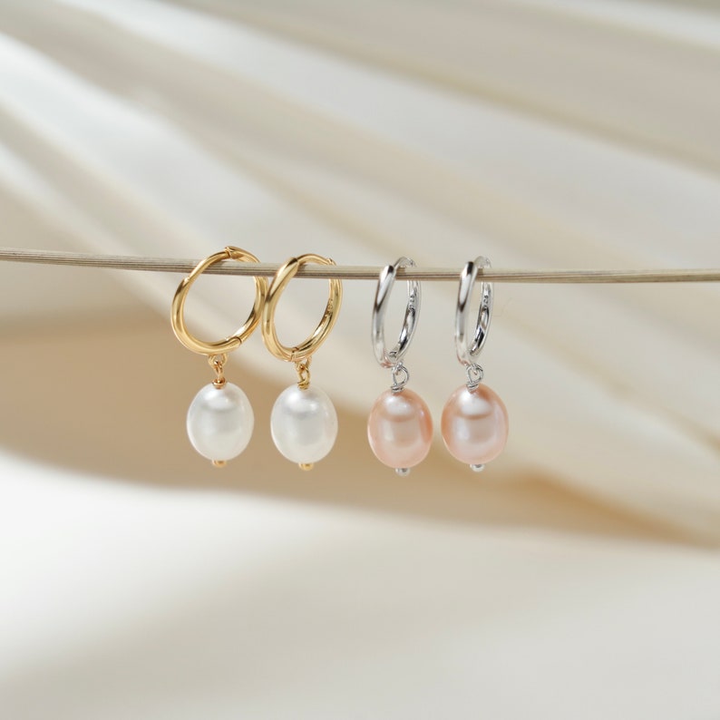 Natural Freshwater Pearl Sterling Sliver Dangle Drop Earrings, Gold Plated Pearl Huggie Earring, Wedding Bride Pearl Earring, Gift for Her Pink Oval