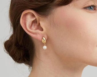 Minimalist Geometric Oval with Round Pearl Dangle Drop Earrings, Sterling Silver Stud Earrings, Bride Wedding Jewellery, Gift for Her