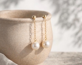 Pendientes colgantes de perlas de plata de ley 925 chapados en oro, pendientes de novia S925, joyería nupcial, joyería de perlas para damas de honor, regalo para ella.