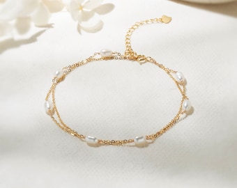 Bracciale a doppia catena con perle d'acqua dolce: argento sterling, vermeil d'oro o placcato oro 14 carati, gioiello da sposa, regalo per lei.