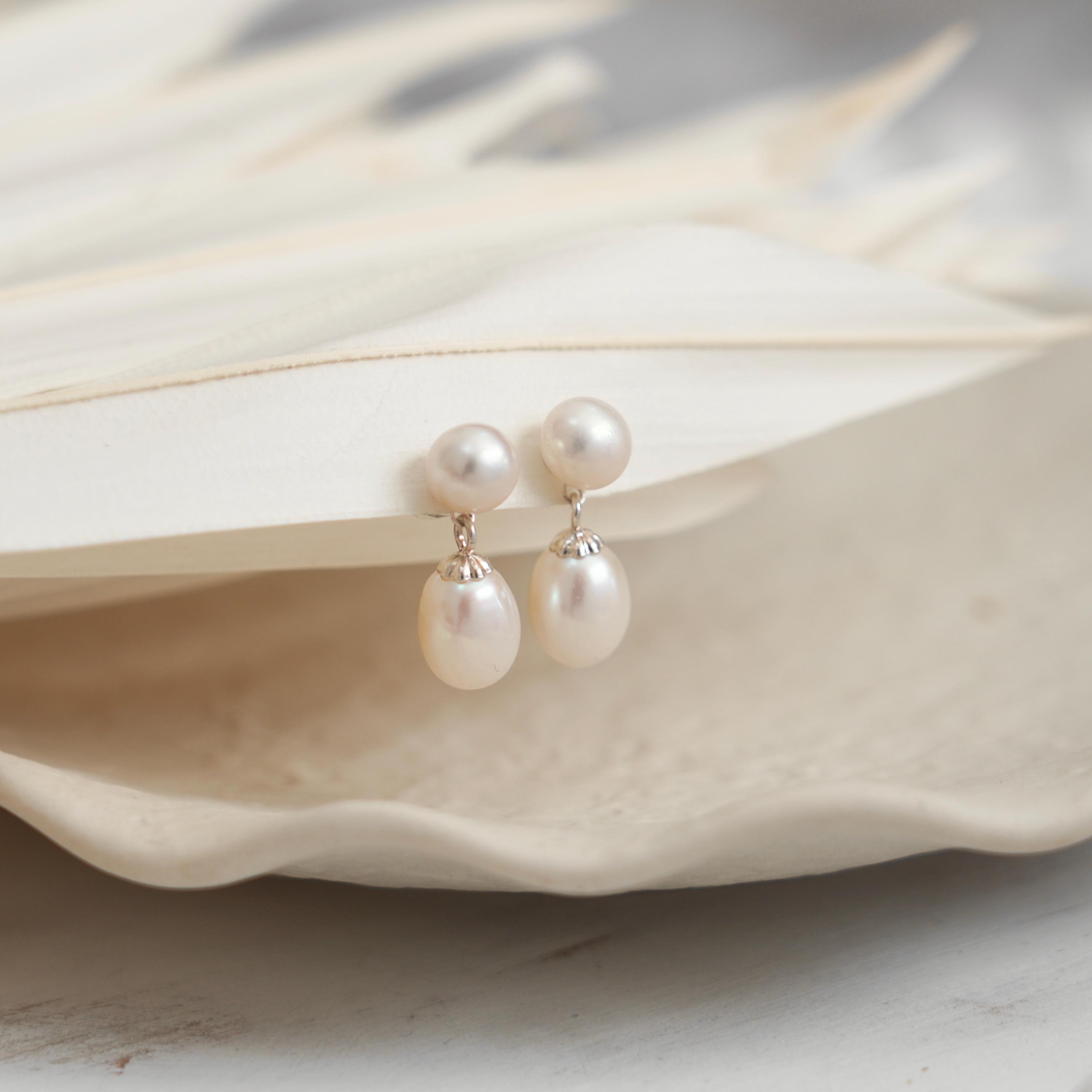 Natural Double Pearl Dangle Drop Earrings, S925 Droplet Freshwater Pearl Stud Earrings, Wedding Earrings,Bridesmaid Jewellery Gift