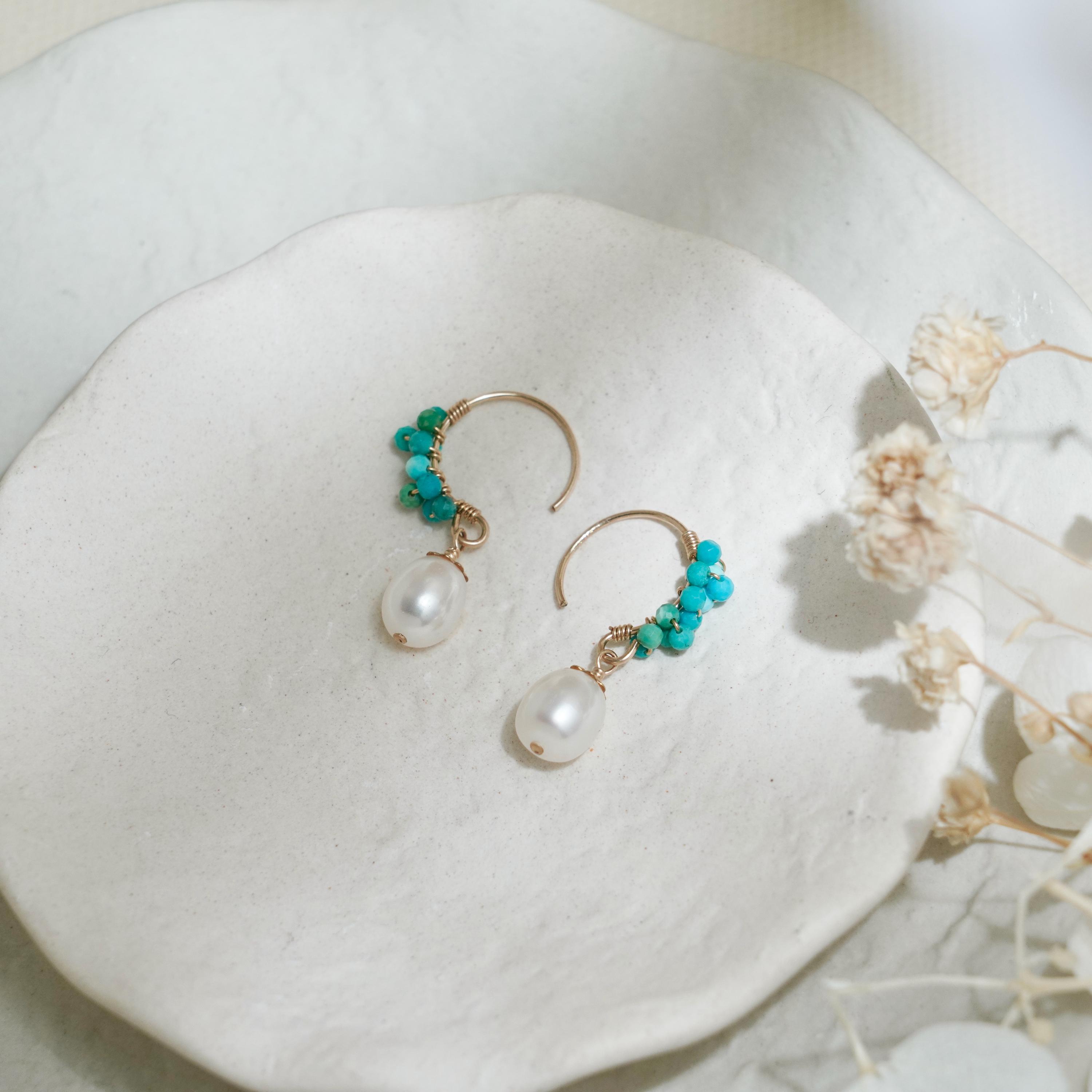 Boucles D'oreilles Pendantes En Argent 925 - Pierre Turquoise Et Demi-perle - Neuf Avec étiquettes