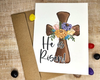 He Is Risen Cross With Flowers: Folded Cards| Easter Religious Cards| Easter Cross and Floral Card| Bible Verse Card