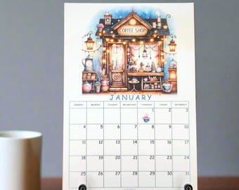 Whimsical Coffee Shops Mini Desk Calendar| Coffee Shop Calendar| Coffee Lover Gift| 4"x6" Recycled Paper Calendar|
