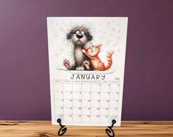 Whimsical Dog and Cat Mini Desk Calendar| Dog and Cat Duo| Cartoon Style Dog and Cat Calendar| 4"x6" Recycled Paper Calendar