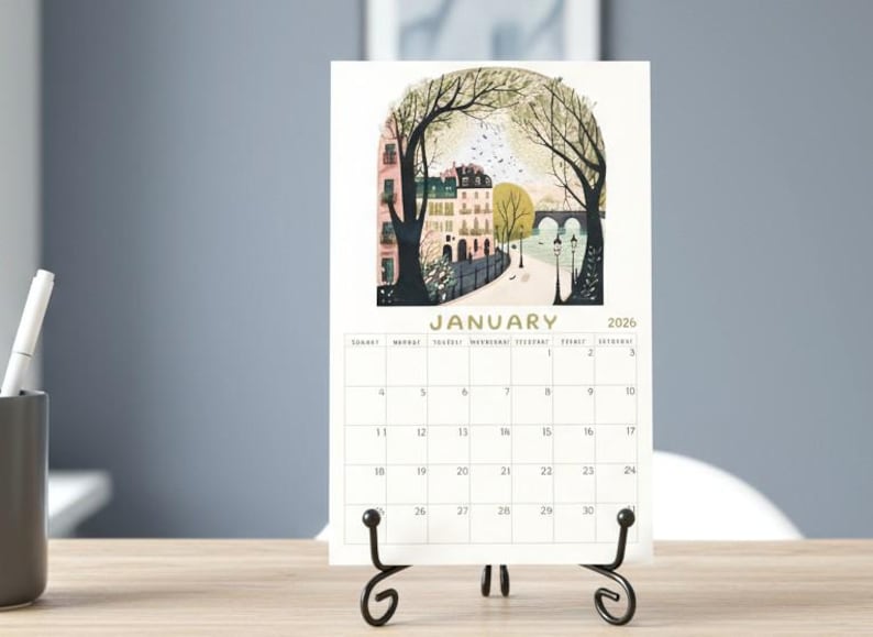 Whimsical Paris Streets Mini Desk Calendar| Mini Desk Calendar| Watercolor Style Calendar| 4"x6" Recycled Paper Calendar| image 1