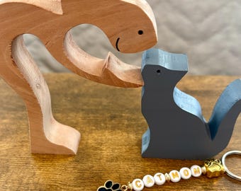 Coffret cadeau pour propriétaire de chat : figurines en bois et porte-clés personnalisé