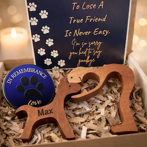 Dog Memorial Gift Box – Wooden Dog and Owner Figurines with Personalized Dog Name, Sympathy Candle and Card Keepsake