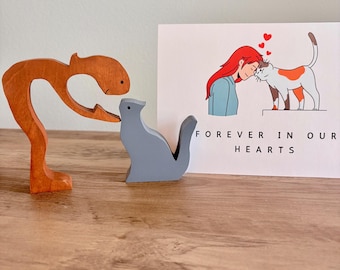 Cadeau commémoratif de chat - Figurines en bois de femme et de chat avec carte de sympathie personnalisée, souvenir de perte de chat pour les amoureux des chats