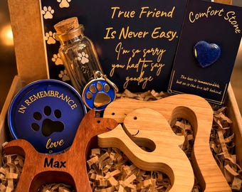 Coffret cadeau personnalisé de sympathie pour chien, figurine de chien en bois, carte de sympathie, porte-clé patte, souvenir de chien, décès de chien, perte de chien, cadeau pour les amoureux des chiens