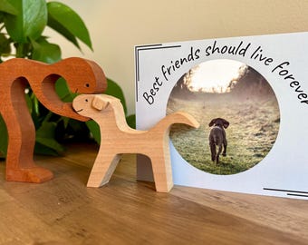 Figurines en bois de chien et de propriétaire avec nom de chien personnalisé et carte de sympathie, cadeau commémoratif de chien, souvenir de perte d'animal de compagnie