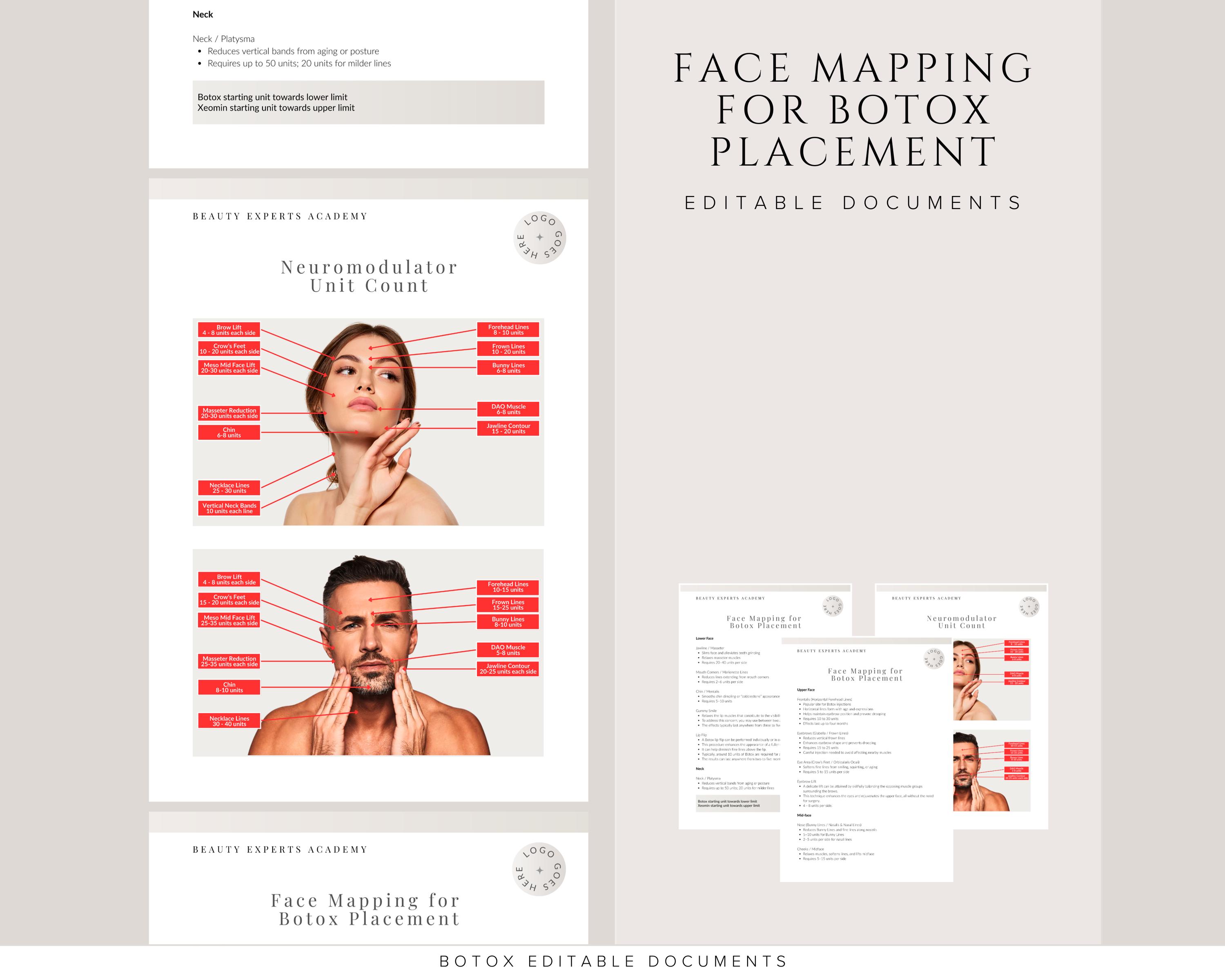 Botox Facial Mapping & Dosage | Editable Injection Site Guide for ...