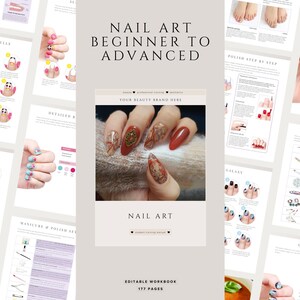 Puede incluir: Un libro de trabajo titulado "NAIL ART BEGINNER TO ADVANCED" con instrucciones detalladas de arte de uñas. La portada presenta un primer plano de una mano con uñas largas y decoradas. Las páginas muestran técnicas de arte de uñas, incluyendo "SUGAR AKELES".
