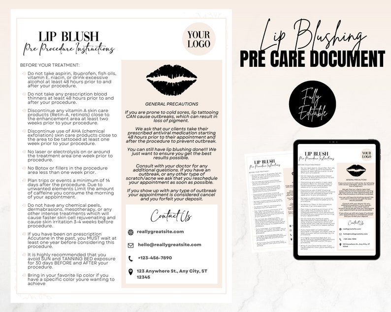 LIP BLUSHING Editable Aftercare Pre Care Combination, Lip Tattoo