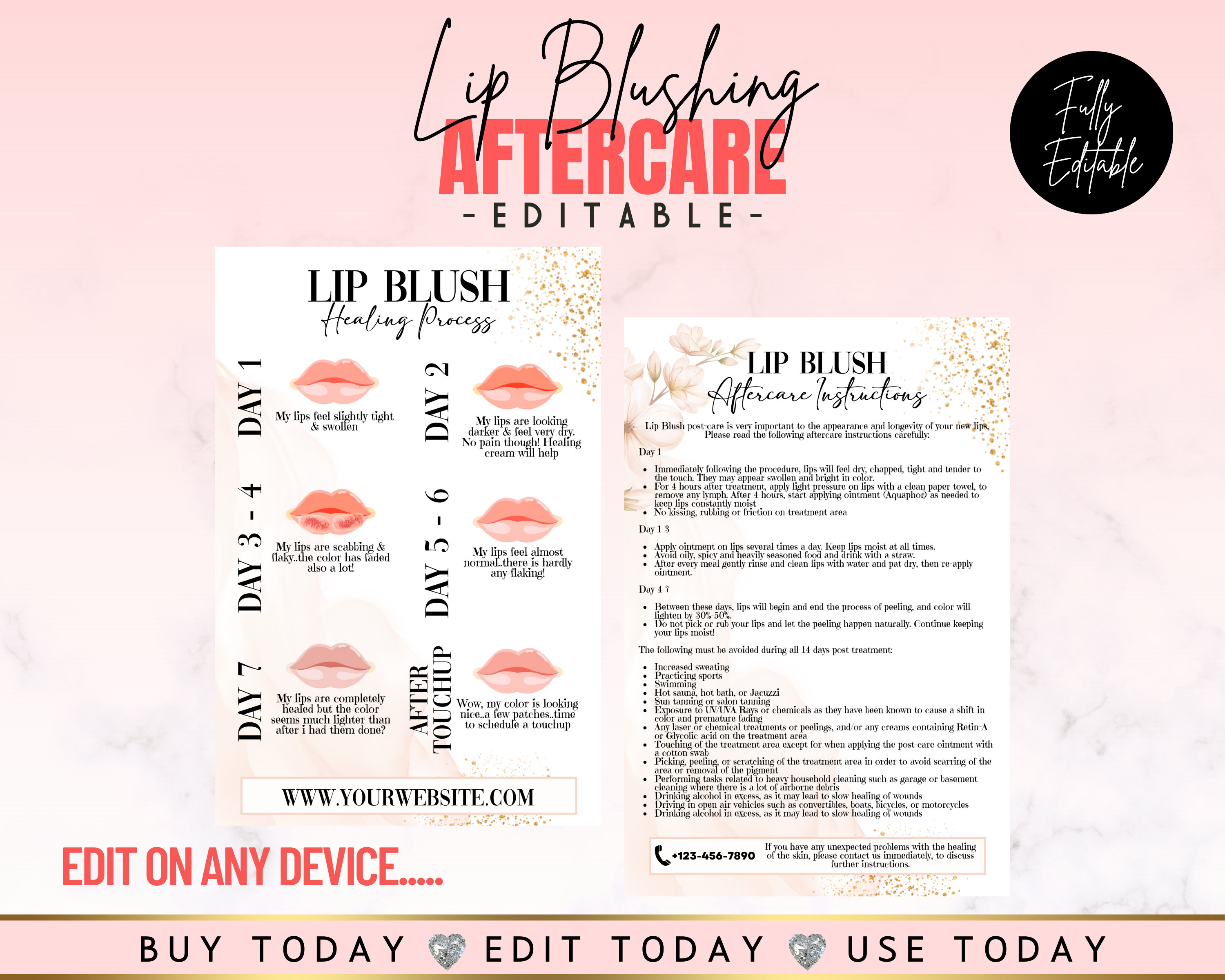 Lip Blush Aftercare and Pre Procedure Care Combo, Lip Blushing Tattoo Aftercare Template, PMU