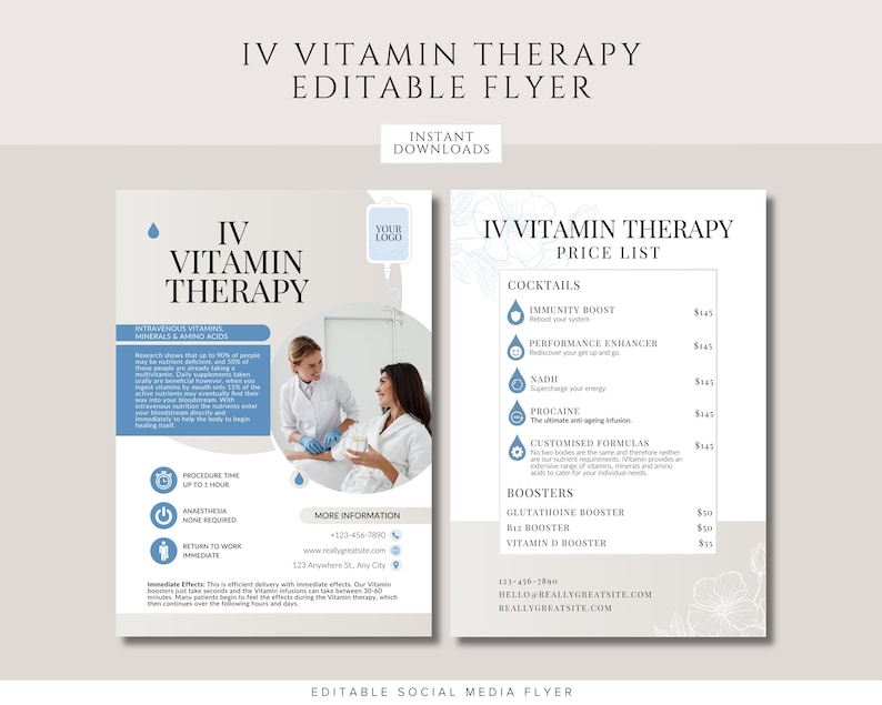 IV Vitamin Therapy Flyer Template: Intravenous Nutrients or Hydration Clinic Marketing (Edit in Canva)