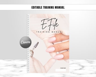 Manuel de formation E-File, cours modifiable sur la manucure E-file, guide de l'étudiant de la Nail Enhancement Training Academy, édition sur Canva