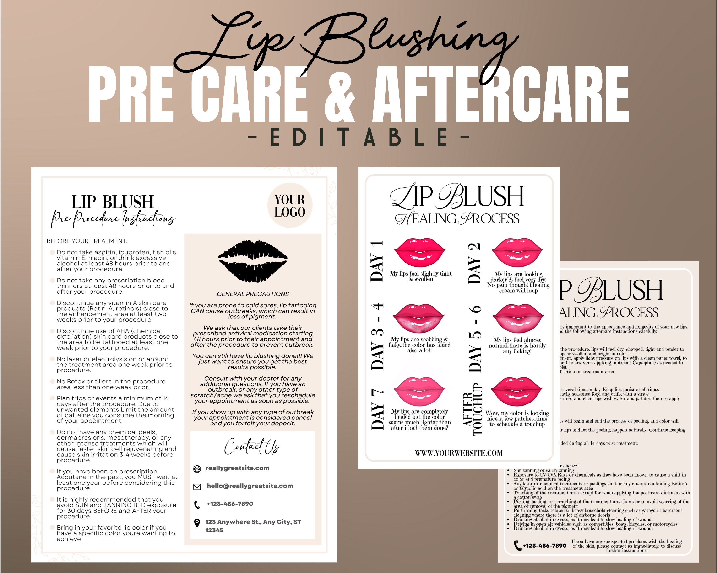 LIP BLUSHING Editable Aftercare Pre Care Combination, Lip Tattoo ...