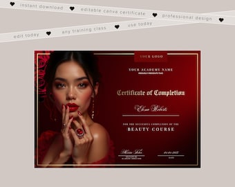 Beauty Academy Certificate of Completion, Editable Canva Template (Digital Download)