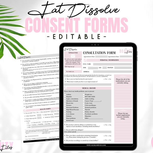 Fat Dissolve Consent Forms, Fat Dissolve Consultation Forms, Mesotherapy, Editable Esthetician Files, Edit in Canva | Dusky Pink