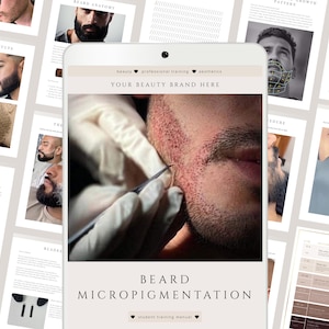 May include: A digital tablet displaying a close-up of a beard micropigmentation procedure. The tablet is surrounded by printed pages with text and images related to beard care and aesthetics. The text on the tablet reads "BEARD MICROPIGMENTATION".