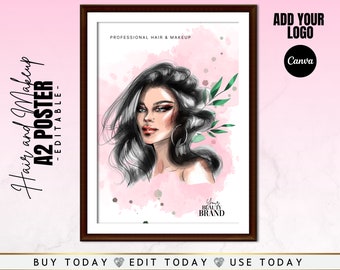 Hair Stylist & Makeup Artist Wandkunst, geeignet für Rahmung, Salon Studio Dekoration, digitaler Download, fügen Sie Ihr Logo hinzu, personalisieren Sie in Canva