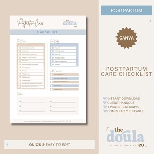 Postpartum Care and Supplies Checklist, After Birth Checklist, Editable Doula Handout, Childbirth Education Resources