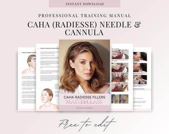 Puede incluir: Un manual de formación profesional titulado "CAHA (Radiesse) Aguja y Cánula" con el texto "CAHA Radiesse Fillers Masterclass". La portada presenta un retrato de mujer. Páginas adicionales muestran diagramas e instrucciones. También son visibles las palabras "Descarga instantánea" y "Free to edit".