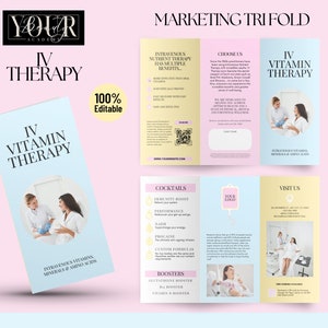Marketing terapii witaminowej IV, edytowalna terapia odżywcza Trifold, szablon IV, ulotka, klinika nawadniania, wlewy IV, pastele, edytuj Canva