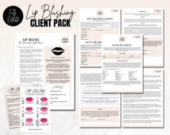 PMU Lip Blush Client Intake Bundle, Aftercare, Care Card, Pre Procedure, Post Care, Waiver, Liability, Editable in Canva, Minimal Theme