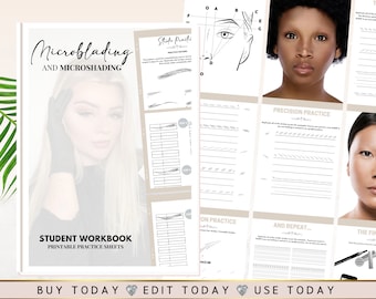 Plantilla de folleto de práctica estudiantil de Microblading editable, Trazos de cabello, Práctica de mapeo de cejas, Microshading Ombre PMU, Manual de Canva editable