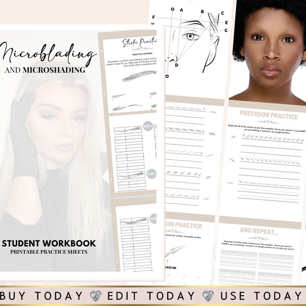 Bearbeitbare Vorlage für Microblading-Studenten-Übungshefte, Haarstriche, Brauenzuordnungspraxis, Ombre PMU-Mikroschattierung, bearbeitbares Canva-Handbuch