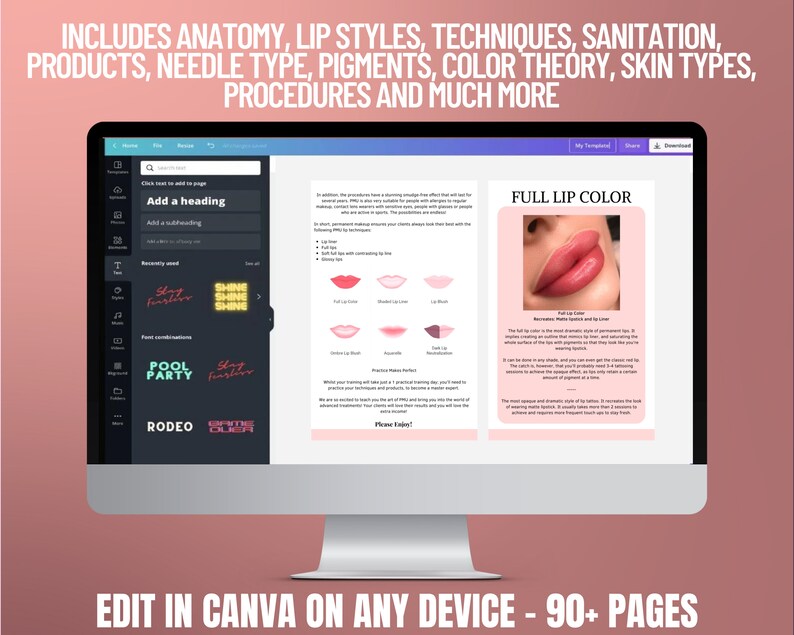 Lip Blush Training Manual, Lip Tattoo Training Guide, Lip Blushing, PMU Student, Micropigmentation Training Guide, Edit Canva | Peach