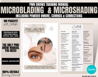 Manuel de formation microshading, microblading, poudre ombrée, combo, manuel de formation PMU, coloration automatique, tatouage manuel des sourcils, modifier sur Canva