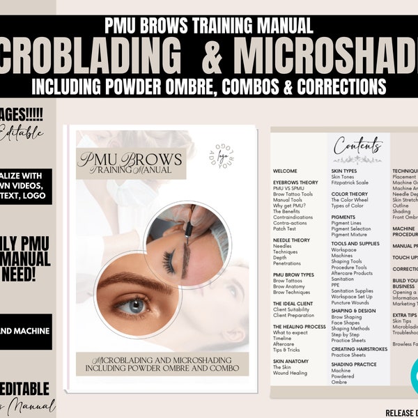 Microshading Training Manual, Microblading, Ombre Powder, Combo, PMU Training Manual, Machine Shading, Manual Brow Tattooing, Edit in Canva