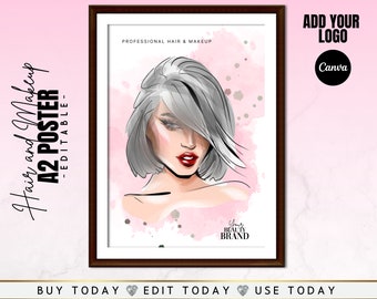 Hair Stylist & Makeup Artist Wandkunst, geeignet für Rahmung, Salon Studio Dekoration, digitaler Download, fügen Sie Ihr Logo hinzu, personalisieren Sie in Canva