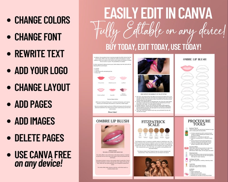 Lip Blush Training Manual, Lip Tattoo Training Guide, Lip Blushing, PMU Student, Micropigmentation Training Guide, Edit Canva | Peach