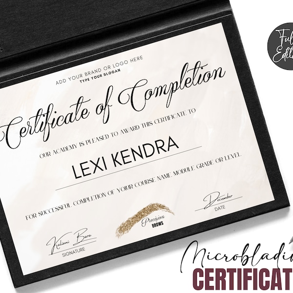 Microblading Training Course Certificate, Beauty Certificate, PMU Training Certificate, Microshading Eyebrows, Landscape, Edit in Canva