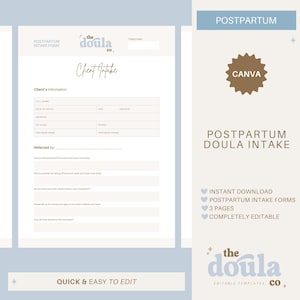 Postpartum Doula Client Intake Forms, Doula Handouts for Doula Businesses, Doula Consent, Postpartum Doula Contract, Edit in Canva